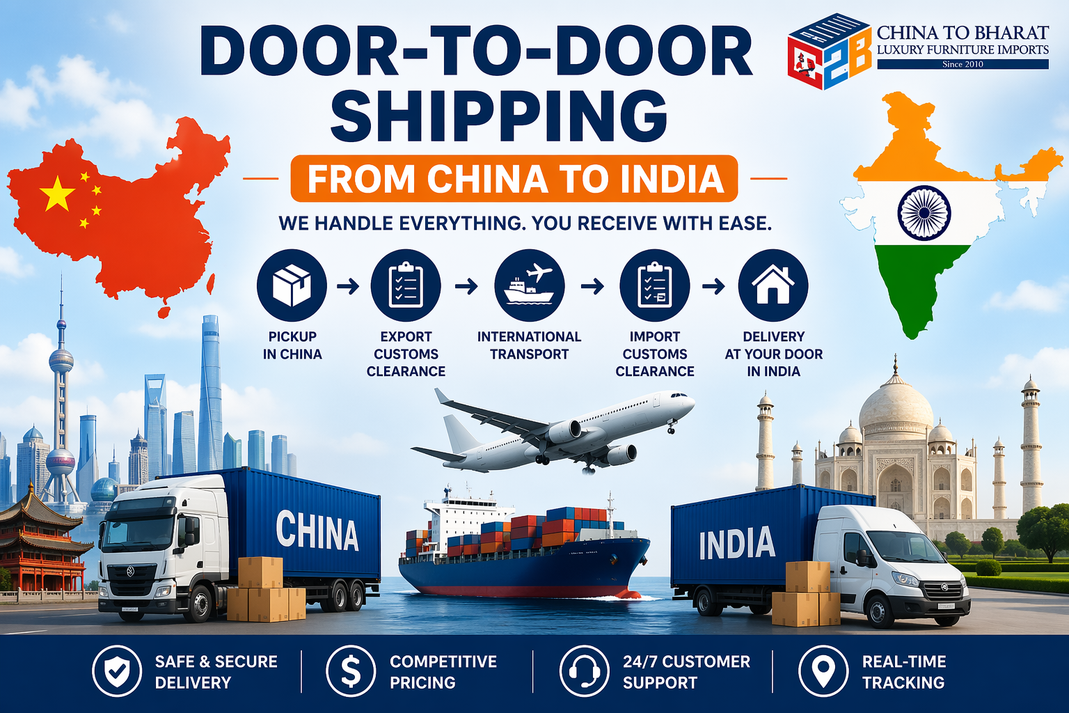 We provide reliable door-to-door shipping from China to India, handling everything from pickup to final delivery.
