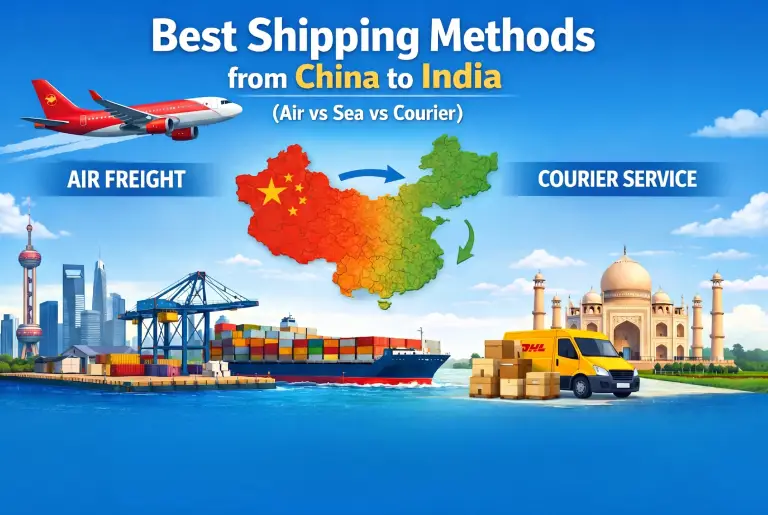 Best shipping methods from China to India infographic showing air freight, sea freight, and courier comparison with delivery time and cost