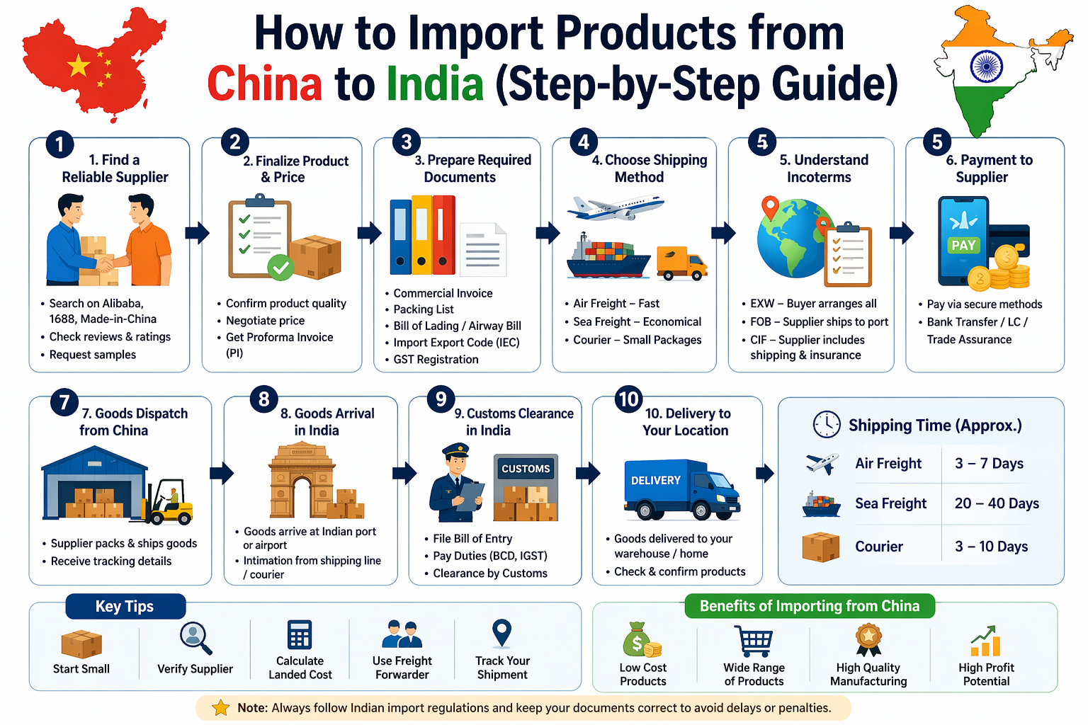 Step-by-step infographic showing how to import products from China to India including supplier selection, documents, shipping, customs, and delivery