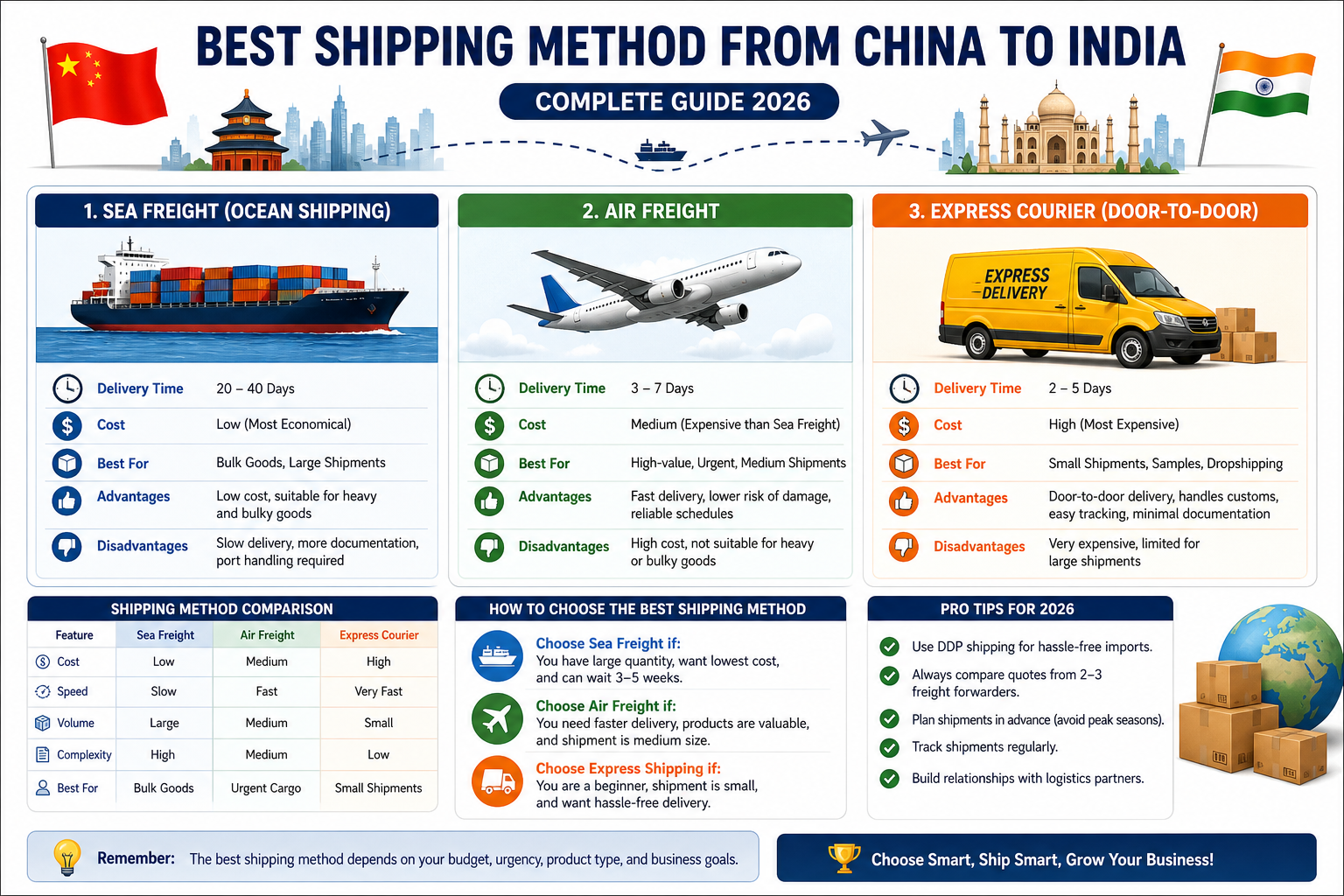 Best shipping method from China to India infographic comparing sea freight, air freight, and courier services by cost, speed, and shipment size