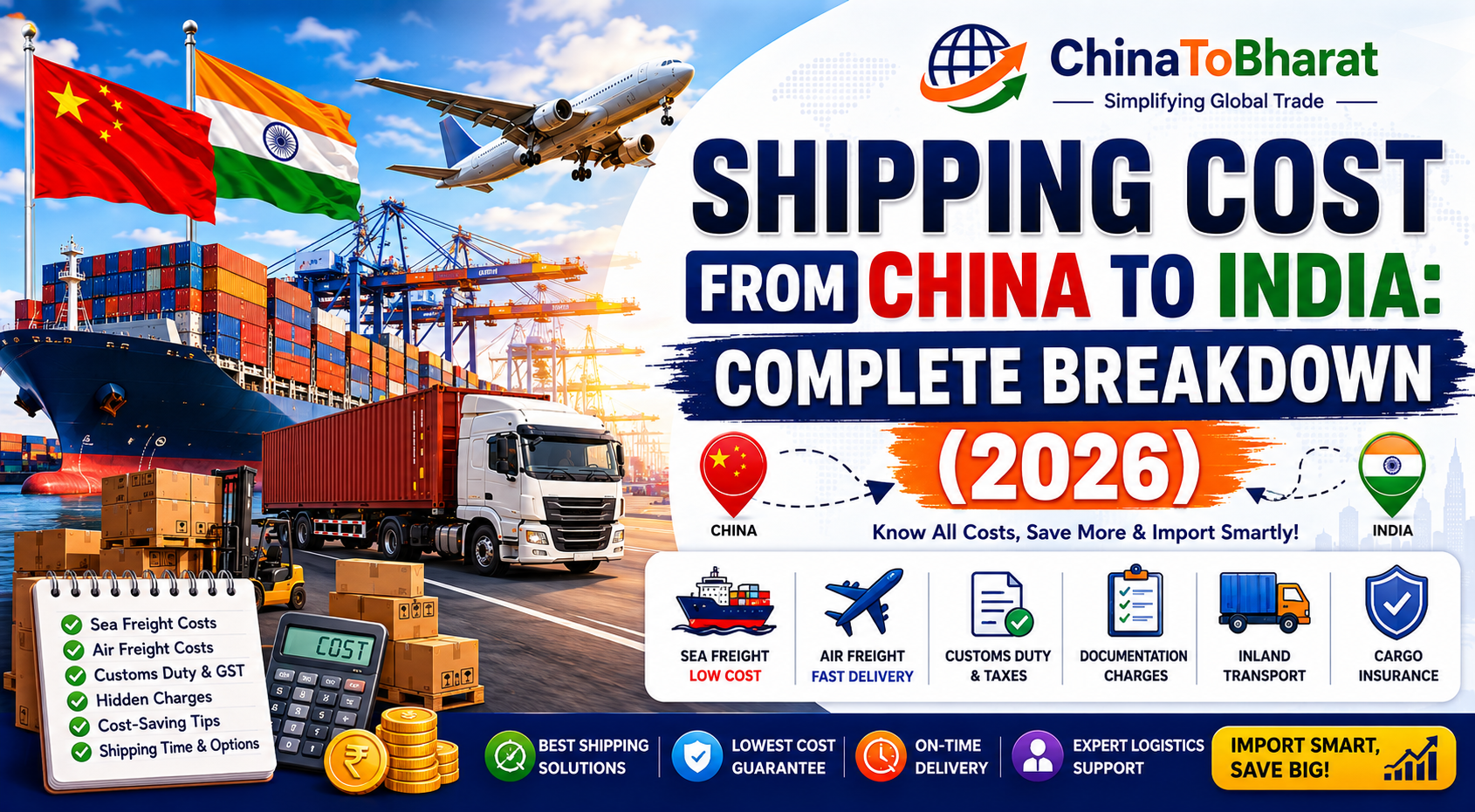 the complete shipping cost breakdown from China to India, including sea freight, air freight, customs duty, GST, documentation charges, inland transportation, cargo insurance, and total landed cost calculation.